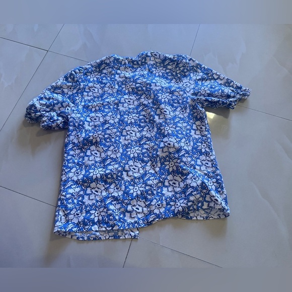 J Crew Linen-cotton blend ruffle top with puff sleeves  White/ Floral Summer XS - Picture 8 of 16